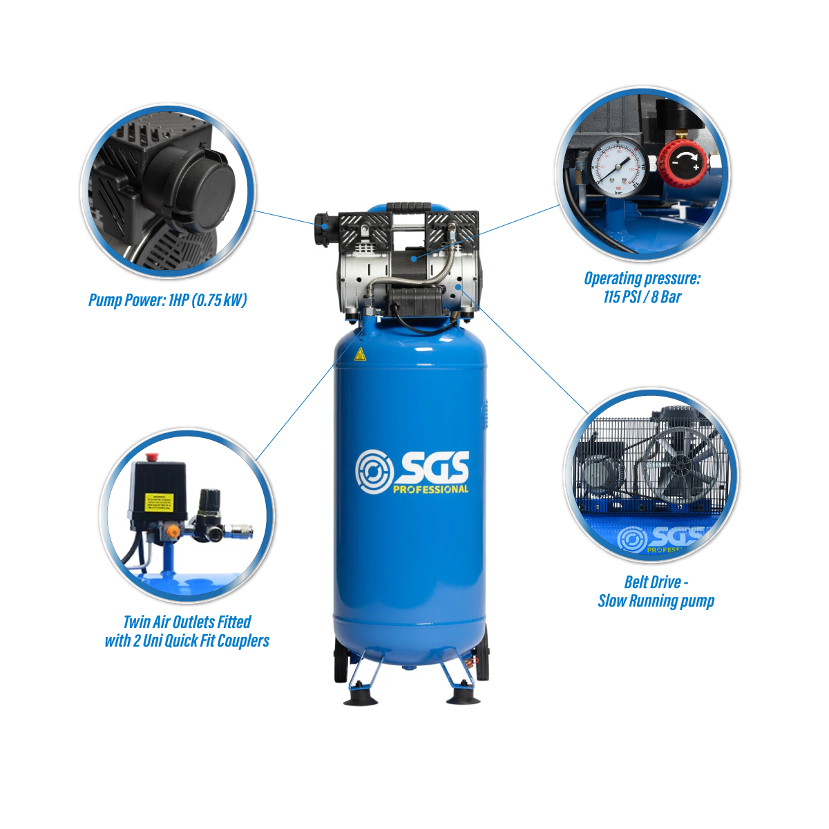 SGS Pro Super Silent Vertical 50 Litre Air Compressor | 4.5 CFM | 1 HP | 115 PSI